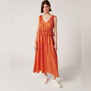 LISOU Mimi Orange Twister Print Silk Twill Midi Dress 12